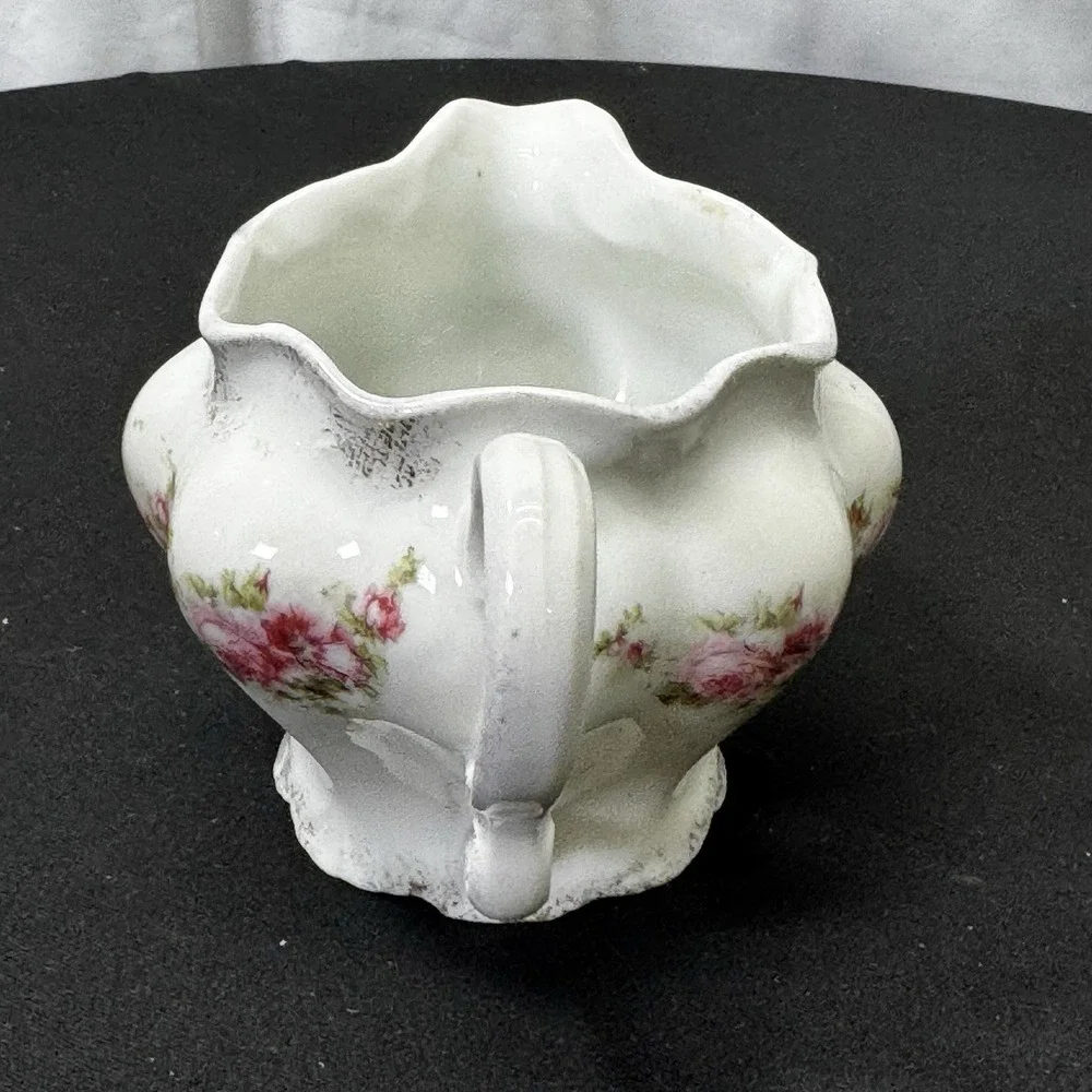 Antique Porcelain Creamer Pitcher Painted Pink Rose Design Decorative Handle‎